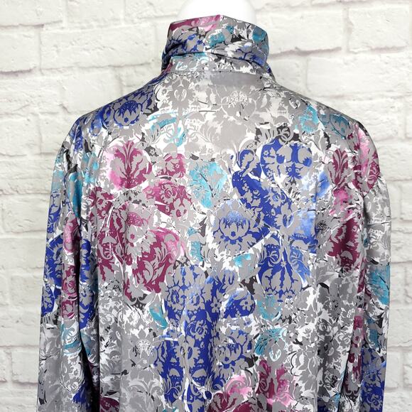 Vintage Blouse Polyester Gray Purple Floral Neck Tie Detail Fits a L/XL - Picture 10 of 12